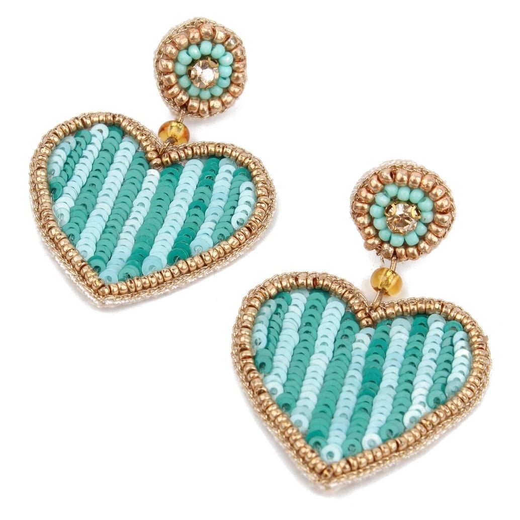 Blue stripe heart beaded earrings