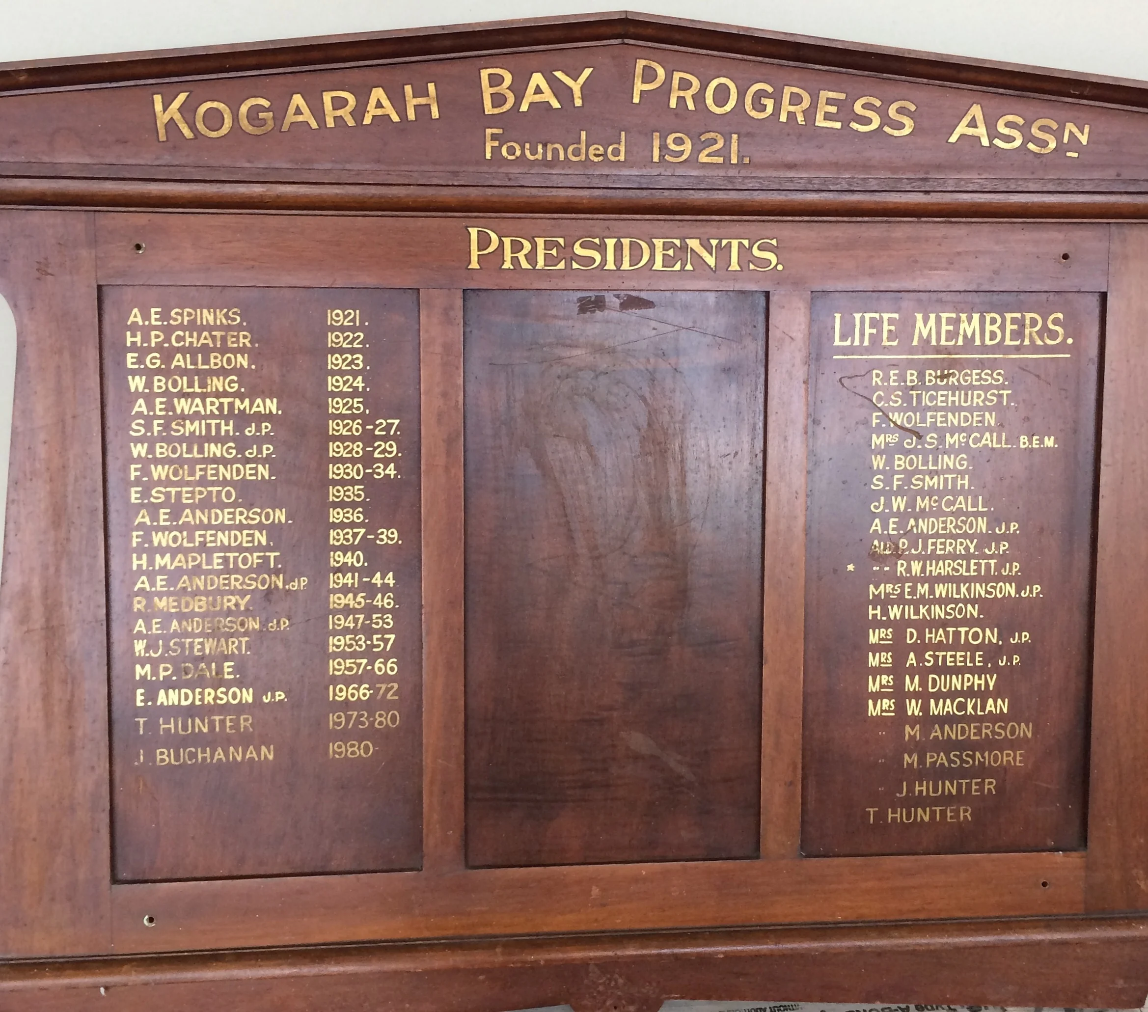Kogarah Bay Progress Association Honour Board