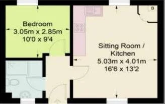 A floor plan diagram for Honey Pot cottage, showing the layout of the bedroom, sitting room, and kitchen areas