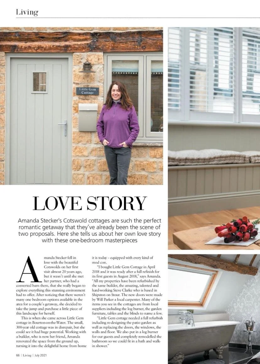 An article opening featuring a photograph of Amanda Stecker outside Little Gem Cottage, titled "Love Story," describing her journey creating romantic one-bedroom masterpieces in the Cotswolds