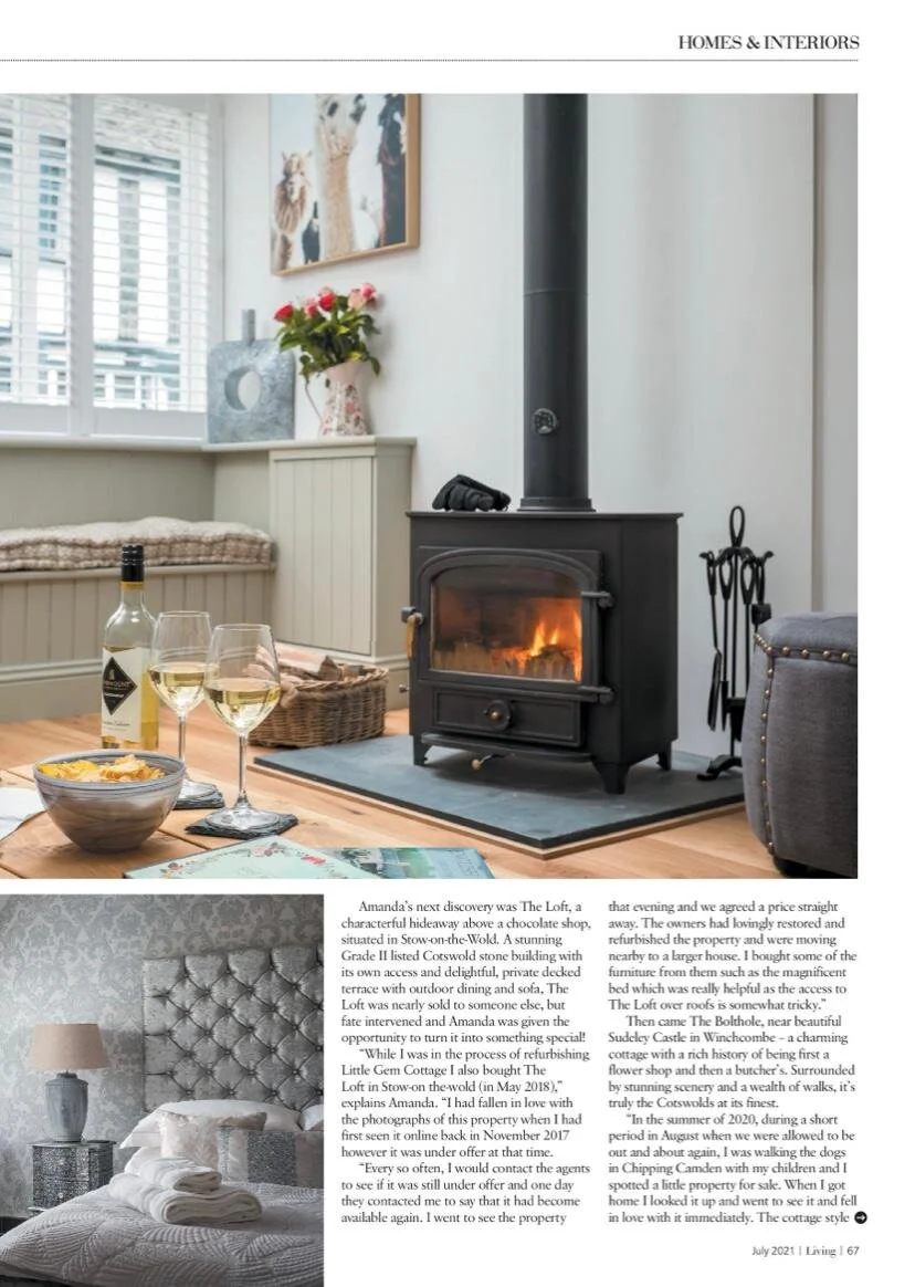 A portion of an article detailing the history of Little Gem Cottage in Bourton-on-the-Water, including its full refurbishment, bathroom remodeling, and the addition of a log burner.