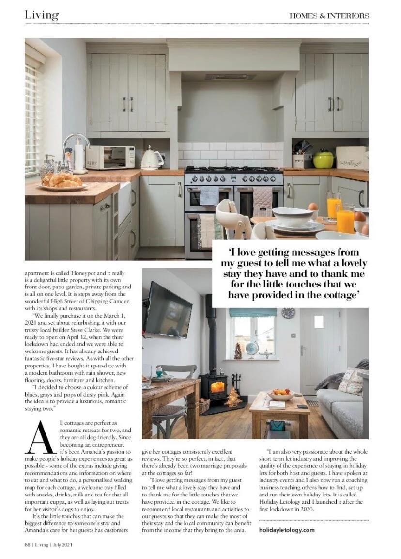 A section of an article showcasing the inviting interior of The Loft and discussing the discovery of The Bolt Hole in Winchcombe, highlighting the owner's passion for restoring historic properties