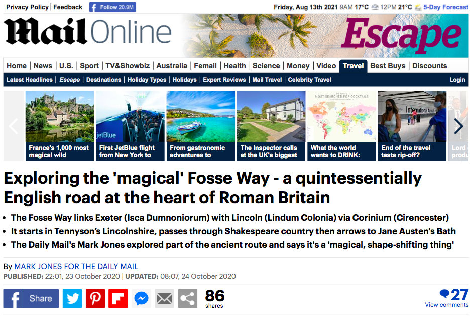 A screenshot of a Daily Mail Online travel article titled "Exploring the 'magical' Fosse Way - a quintessentially English road at the heart of Roman Britain," which includes a travel fact box recommending a stay at Little Gem Cottage from Unique Cots