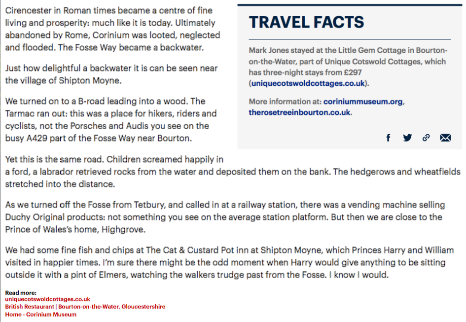A screenshot of a Daily Mail Online travel article titled "Exploring the 'magical' Fosse Way - a quintessentially English road at the heart of Roman Britain," which includes a travel fact box recommending a stay at Little Gem Cottage from Unique Cots