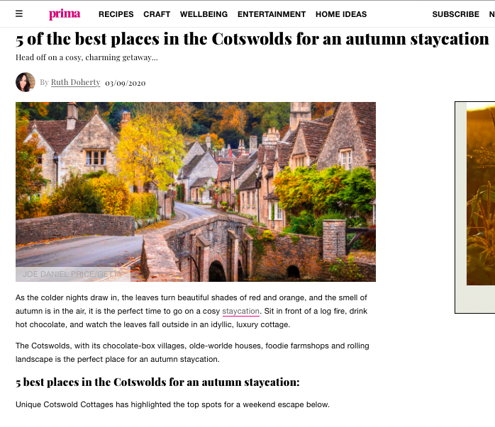 A screenshot of a Prima Magazine article titled "5 of the bes places in the Cotswolds for an autumn staycation," featuring a highlighted recommendation for weekend escapes from Unique Cotswold Cottages