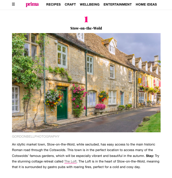 A screenshot of a Prima Magazine article titled "5 of the bes places in the Cotswolds for an autumn staycation," featuring a highlighted recommendation for weekend escapes from Unique Cotswold Cottages