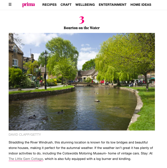 A screenshot of a Prima Magazine article titled "5 of the bes places in the Cotswolds for an autumn staycation," featuring a highlighted recommendation for weekend escapes from Unique Cotswold Cottages