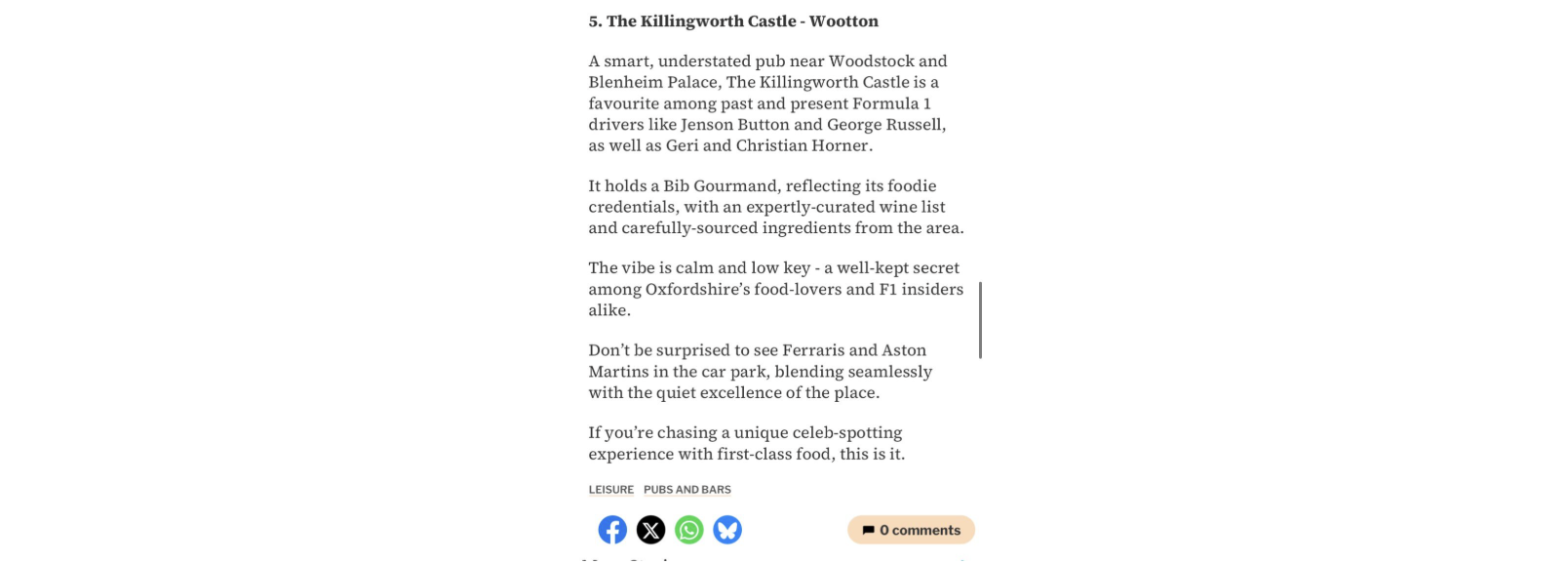 A screenshot of a press article from the Wilts & Gloucestershire Standard discussing popular pubs in the Cotswolds favored by celebrities, mentioning Unique Cotswold Cottages