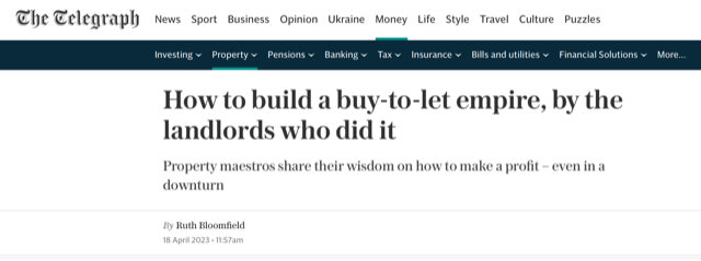 a comprehensive magazine feature from The Telegraph titled "How to build a buy-to-let empire, by the landlords who did it," which details Amanda Stecker's successful journey in building a holiday rental portfolio in the Cotswolds