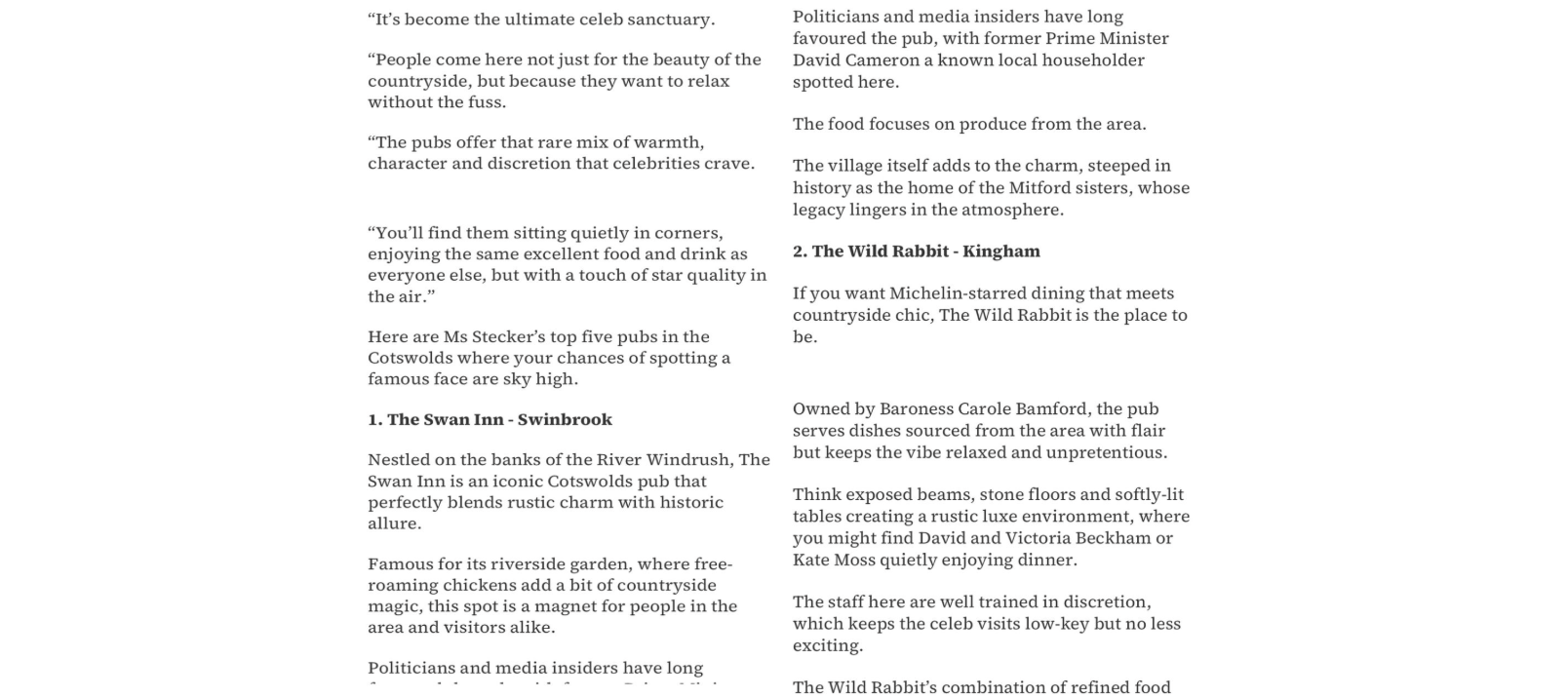 A screenshot of a press article from the Wilts & Gloucestershire Standard discussing popular pubs in the Cotswolds favored by celebrities, mentioning Unique Cotswold Cottages