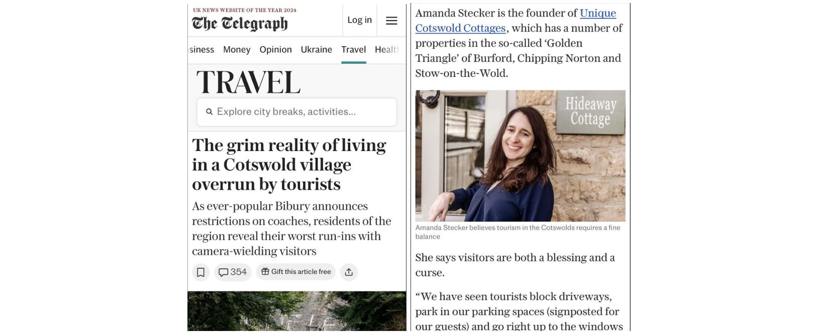 A portrait of Amanda Stecker, founder of Unique Cotswold Cottages, featured in a Telegraph article discussing tourism in the Cotswolds