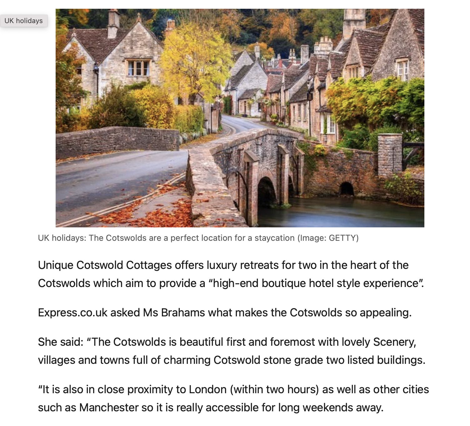 A screenshot of an article from Express.co.uk featuring an interview with Amanda Braham, CEO of Unique Cotswold Cottages, regarding travel getaways in the Cotswolds