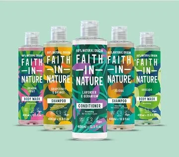 A collection of natural, cruelty-free, and ethical Faith in Nature shampoo, conditioner, and body wash products