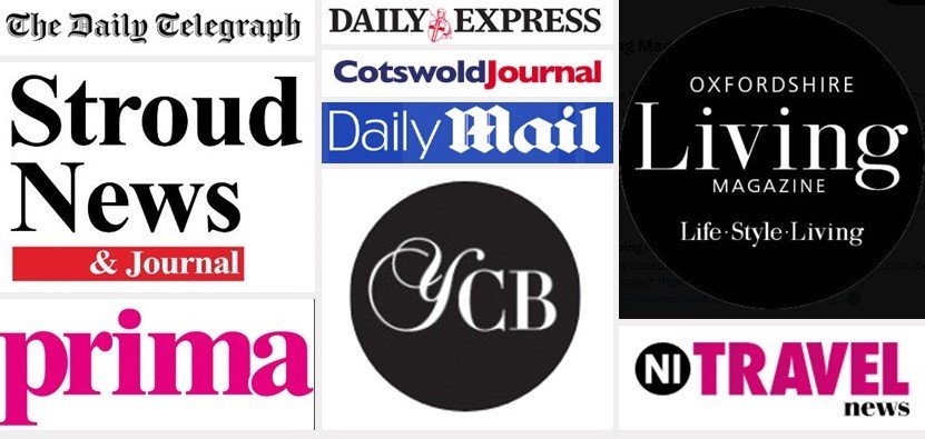 A collage of logos from various media publications that have featured Unique Cotswold Cottages, including The Daily Telegraph, Daily Express, Daily Mail, Stoud News & Journal, Oxfordshire Living Magazine, and Travel News
