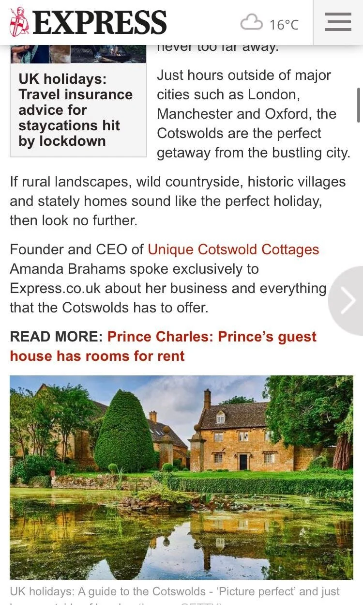 A screenshot of an article from Express.co.uk featuring an interview with Amanda Braham, CEO of Unique Cotswold Cottages, regarding travel getaways in the Cotswolds
