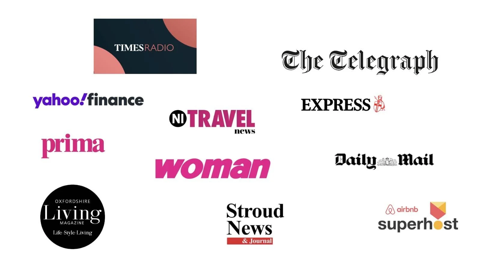 A graphic featuring logos of media outlets that have featured Unique Cotswold Cottages, including The Telegraph, Yahoo! Finance, Express, Daily Mail, Prima, Woman, Oxfordshire Living, Travel News, Stroud News & Journal, Times Radio, and Airbnb Superh