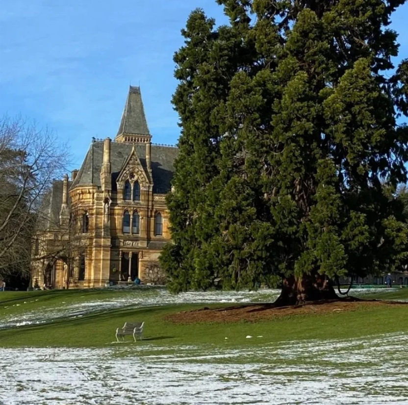 A scenic view of a historic stone building surrounded by  trees under a blue sky, representing winter scenery in the Cotswolds