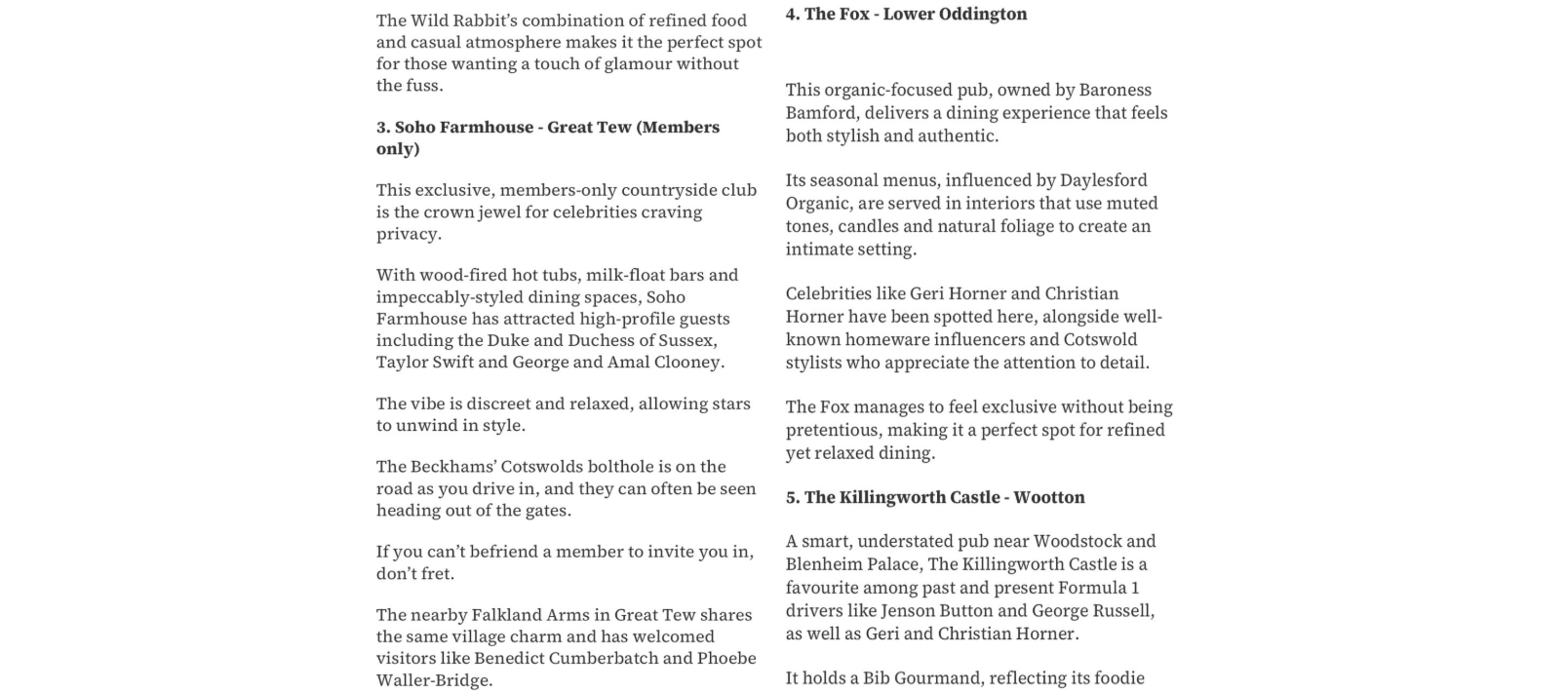 A screenshot of a press article from the Wilts & Gloucestershire Standard discussing popular pubs in the Cotswolds favored by celebrities, mentioning Unique Cotswold Cottages
