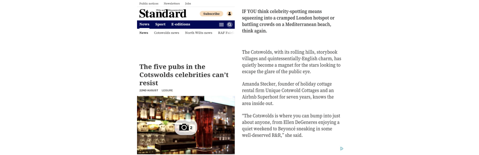 A screenshot of a press article from the Wilts & Gloucestershire Standard discussing popular pubs in the Cotswolds favored by celebrities, mentioning Unique Cotswold Cottages