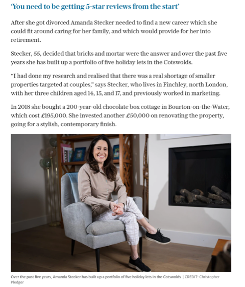 a comprehensive magazine feature from The Telegraph titled "How to build a buy-to-let empire, by the landlords who did it," which details Amanda Stecker's successful journey in building a holiday rental portfolio in the Cotswolds