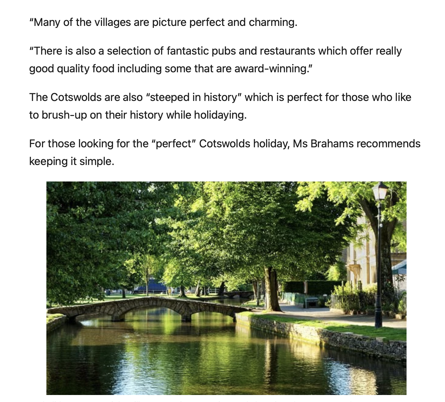 A screenshot of an article from Express.co.uk featuring an interview with Amanda Braham, CEO of Unique Cotswold Cottages, regarding travel getaways in the Cotswolds