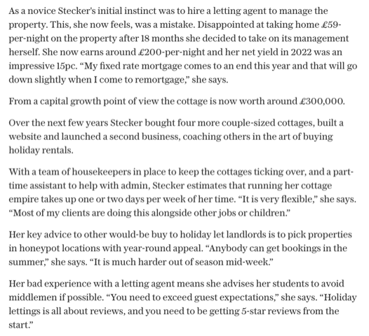a comprehensive magazine feature from The Telegraph titled "How to build a buy-to-let empire, by the landlords who did it," which details Amanda Stecker's successful journey in building a holiday rental portfolio in the Cotswolds