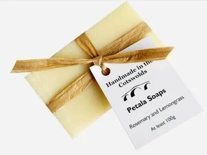 A wrapped bar of artisan Petal Soaps, handmade in the Cotswolds using sustainable, traditional methods