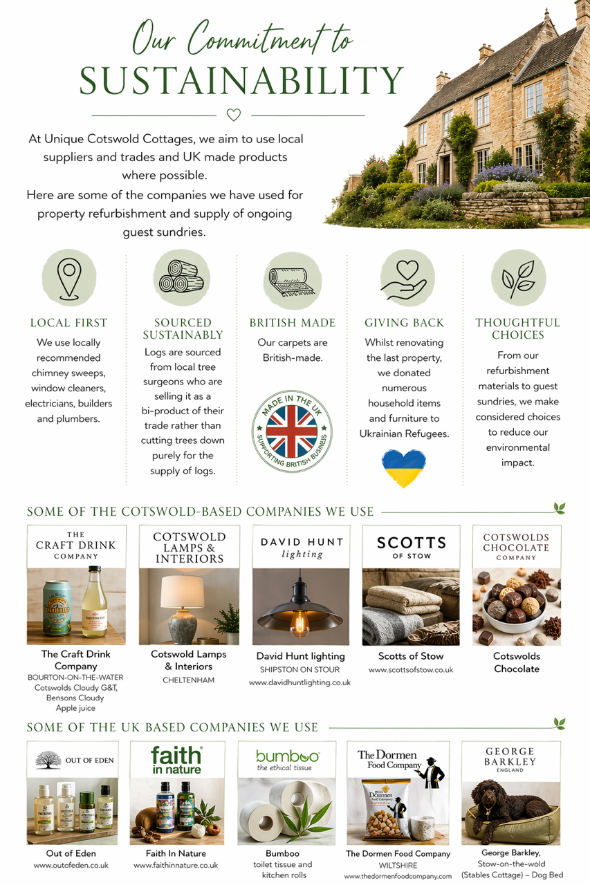 An infographic detailing the sustainability commitment of Unique Cotswold Cottages, highlighting local sourcing, British-made products, and ethical practices