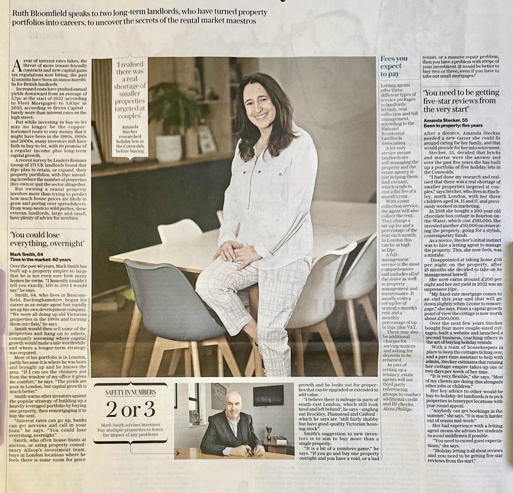 a comprehensive magazine feature from The Telegraph titled "How to build a buy-to-let empire, by the landlords who did it," which details Amanda Stecker's successful journey in building a holiday rental portfolio in the Cotswolds