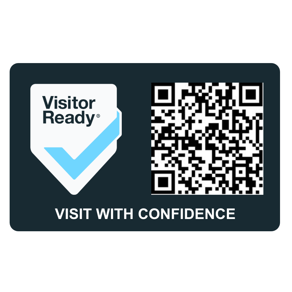 A "Visitor Ready" badge featuring a QR code and the slogan "VISIT WITH CONFIDENCE" to encourage visitors