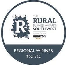 An award badge for The Rural Business Awards South West in partnership with Amazon, indicating the recipient was a Regional Winner for 2021/22