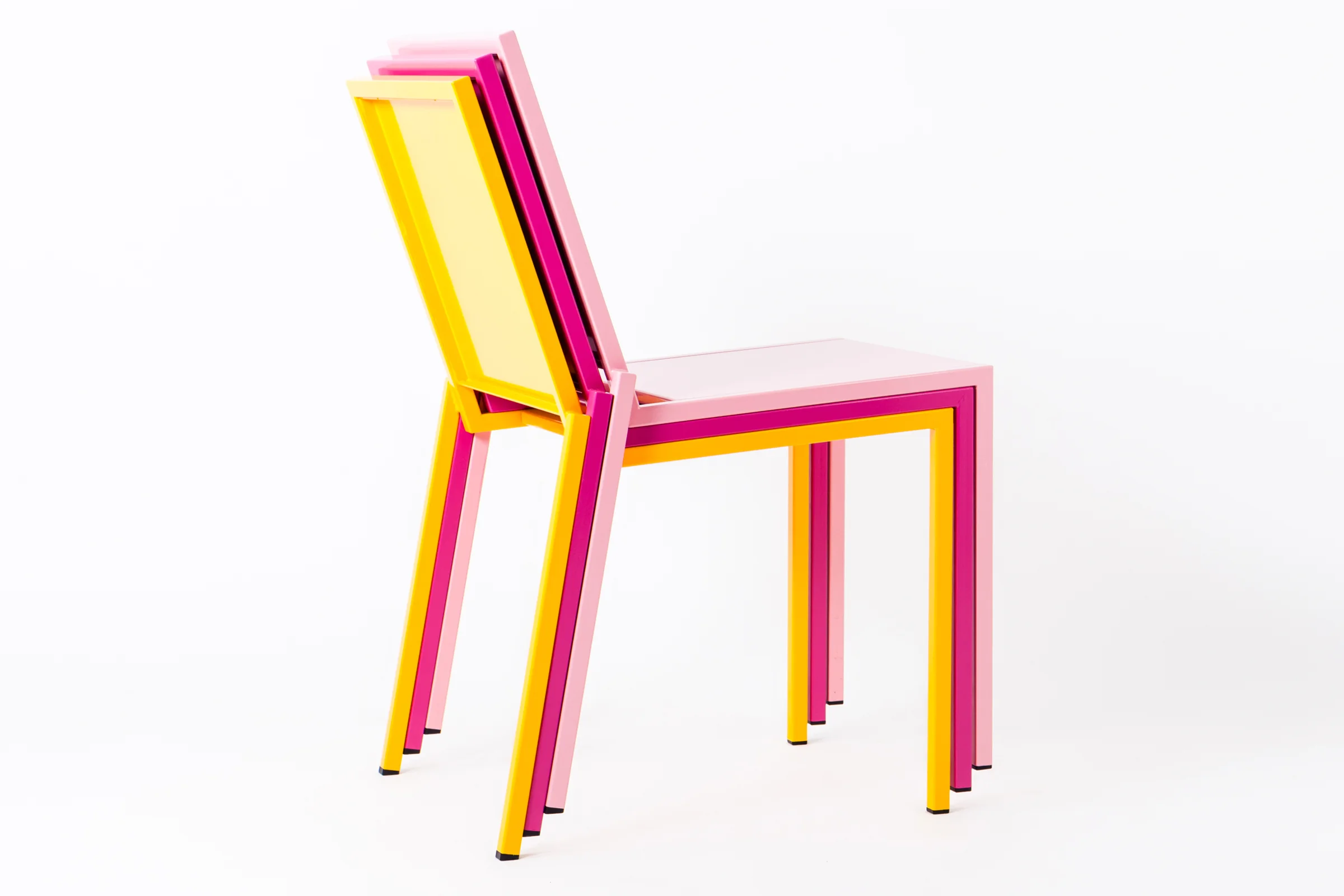 mllmtr_shop image 05_Bebe 20 PINK MAGENTA YELLOW_stackable terrace steel chair_stacked_back side view _OFF WHITE BACKGROUND.jpg