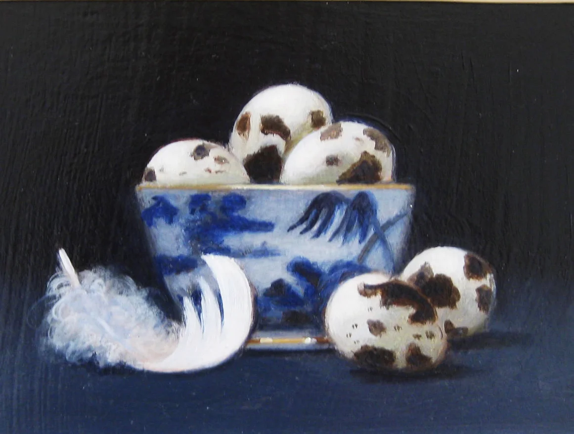 Quails Eggs with Swan Feather , Oil on board, 20 x 26 cm