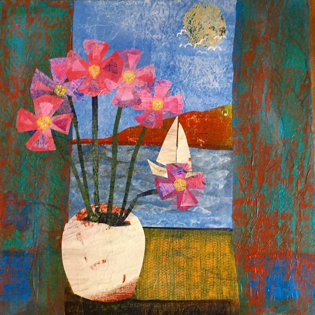 Still Life with Sailing Boat , Mixed media collage on canvas, 40 x 40 cm unframed