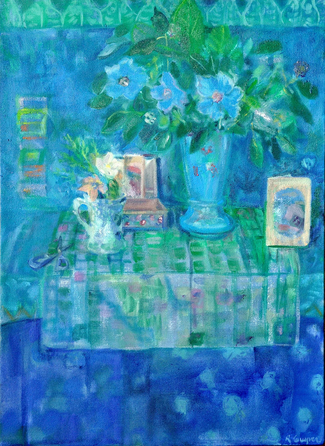 Blue Poppy on Table , Oil on canvas, 40 x 55 cm