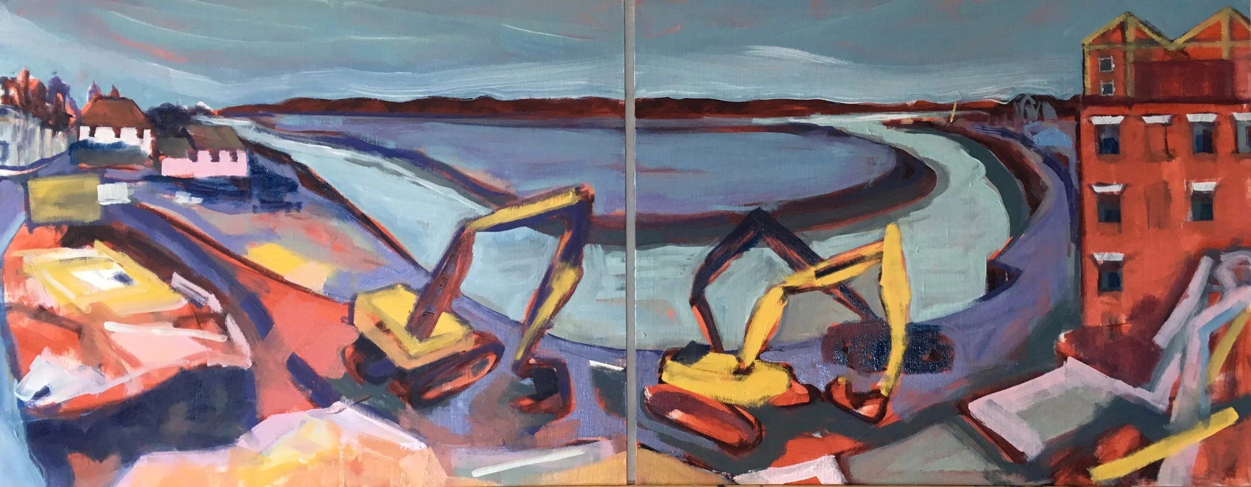 Mistley Quay Demolition Low Tide , Oil on board, 40 x 100 cm