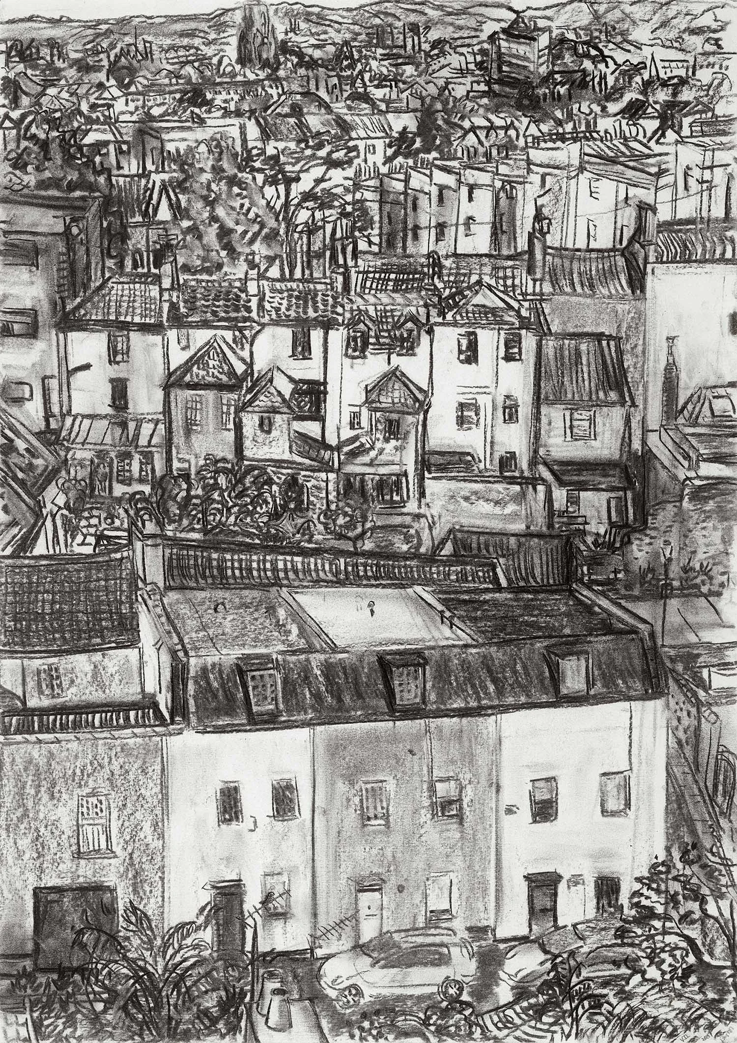 Looking across Bristol towards the Wills University Tower from The Downs , Charcoal on paper, 59 x 42 cm