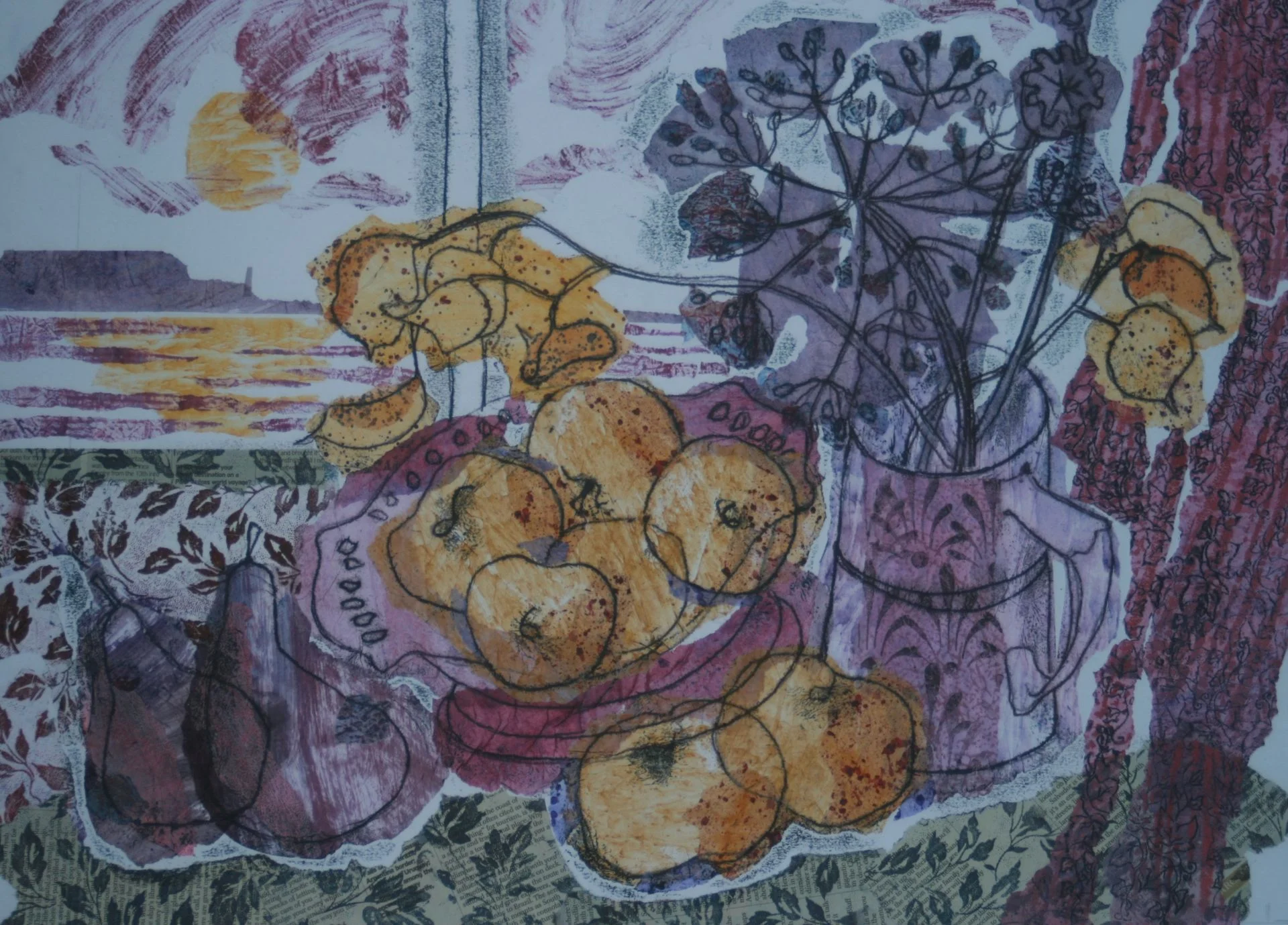 Still Life with Sea View , Monoprint collage, 60 x 49 cm