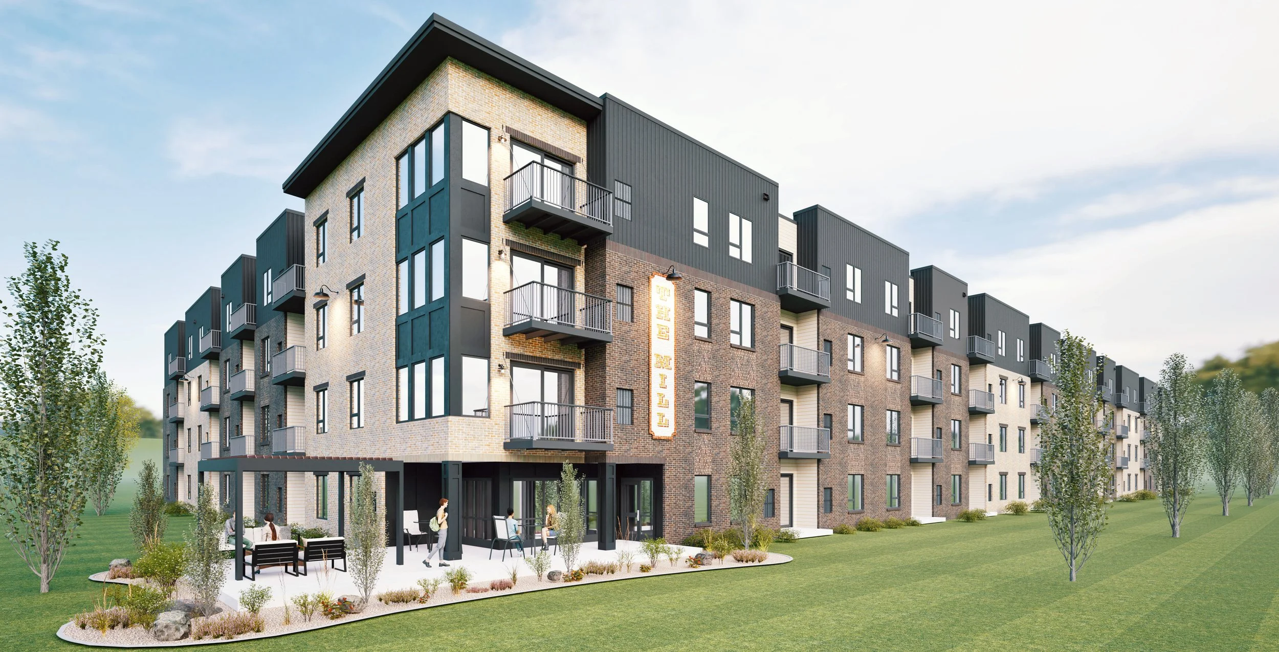 Exterior view of The Mill Apartments in Fargo, North Dakota.