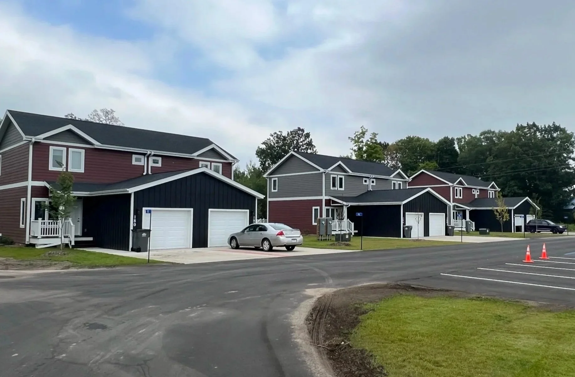 Front entry and garage of a modular duplex home at Red Willow Estates, Onamia, Minnesota
