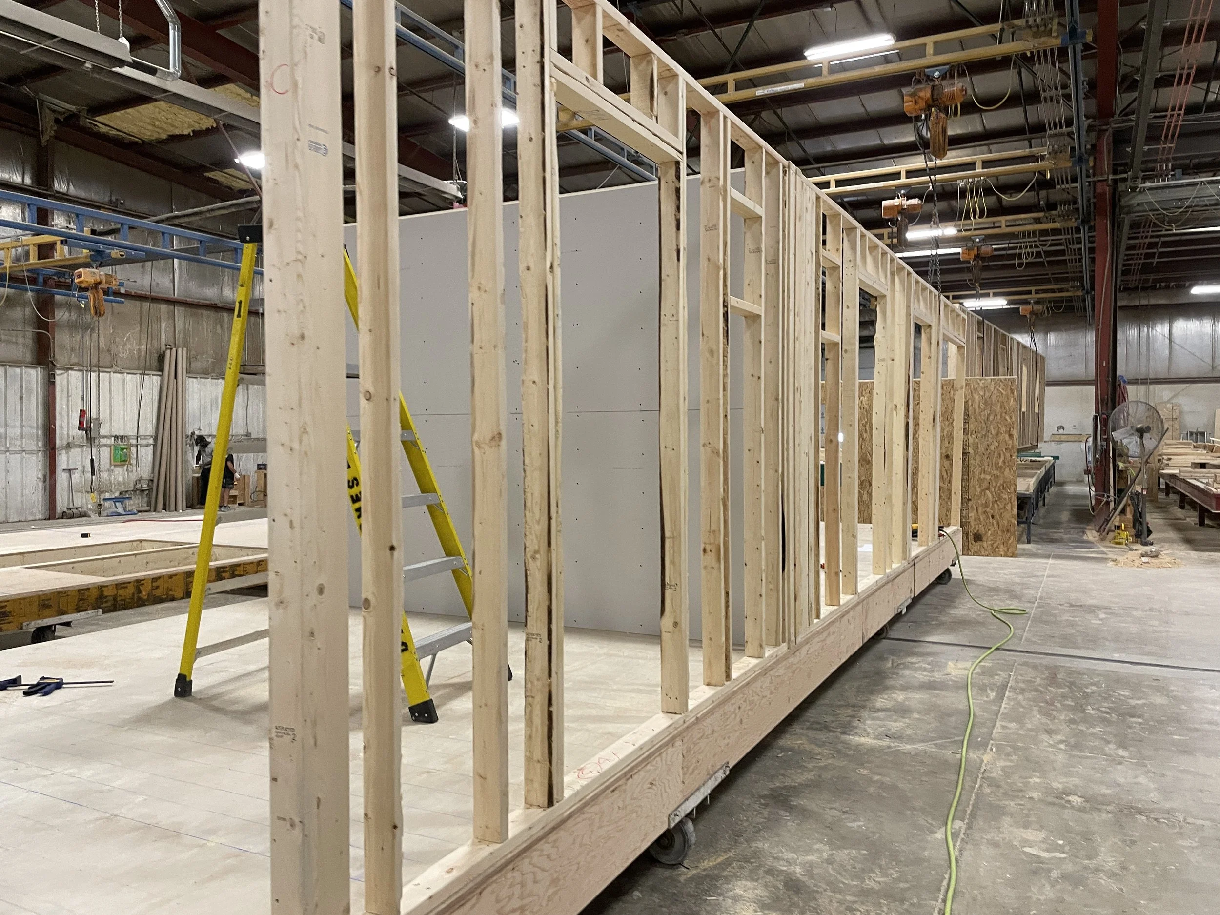 Wood framing construction inside AVA modular manufacturing facility in Albertville Minnesota