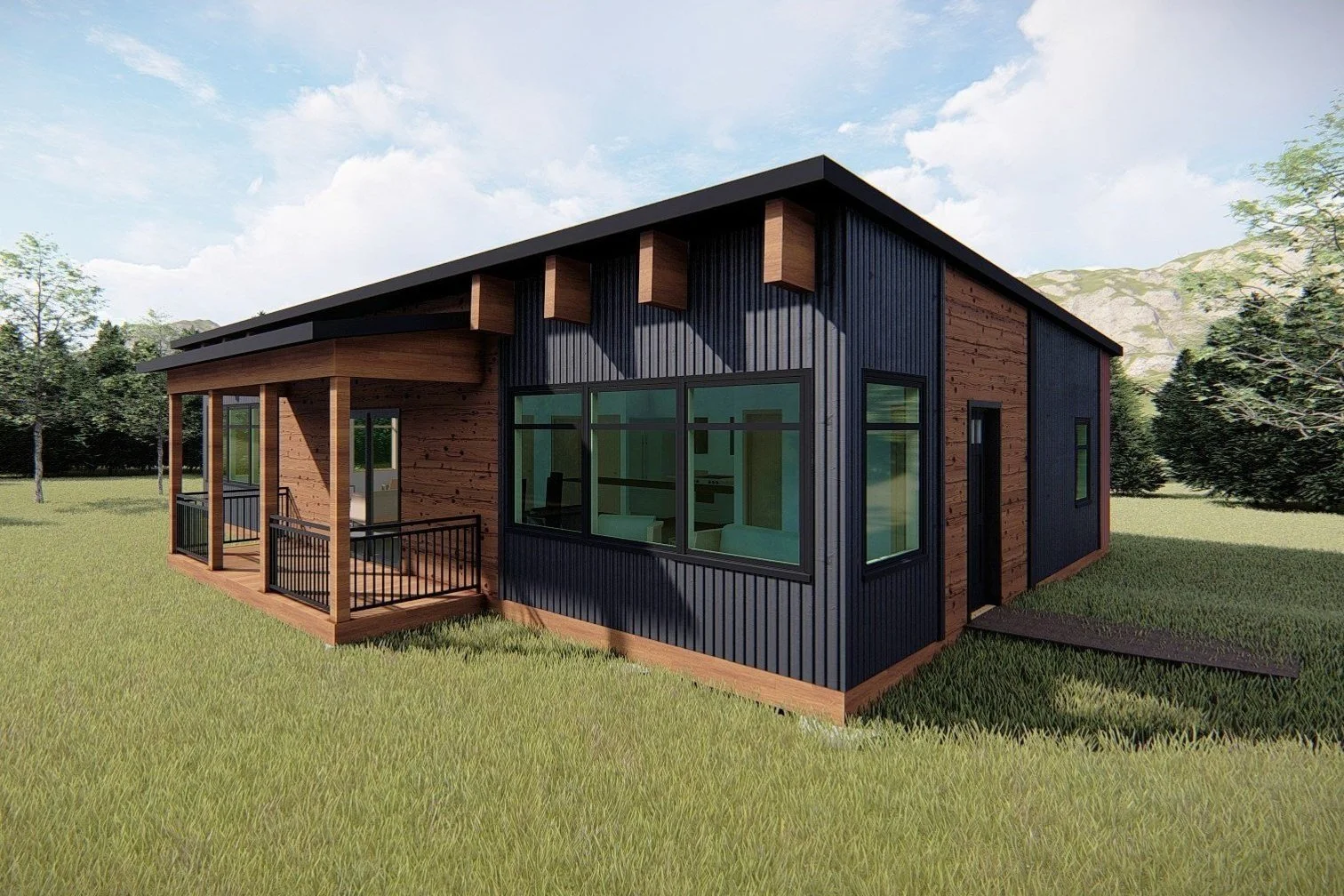 Concept Design: Broderson modular cabin-Modern design with wood and metal exterior, blending seamlessly into the natural surroundings.