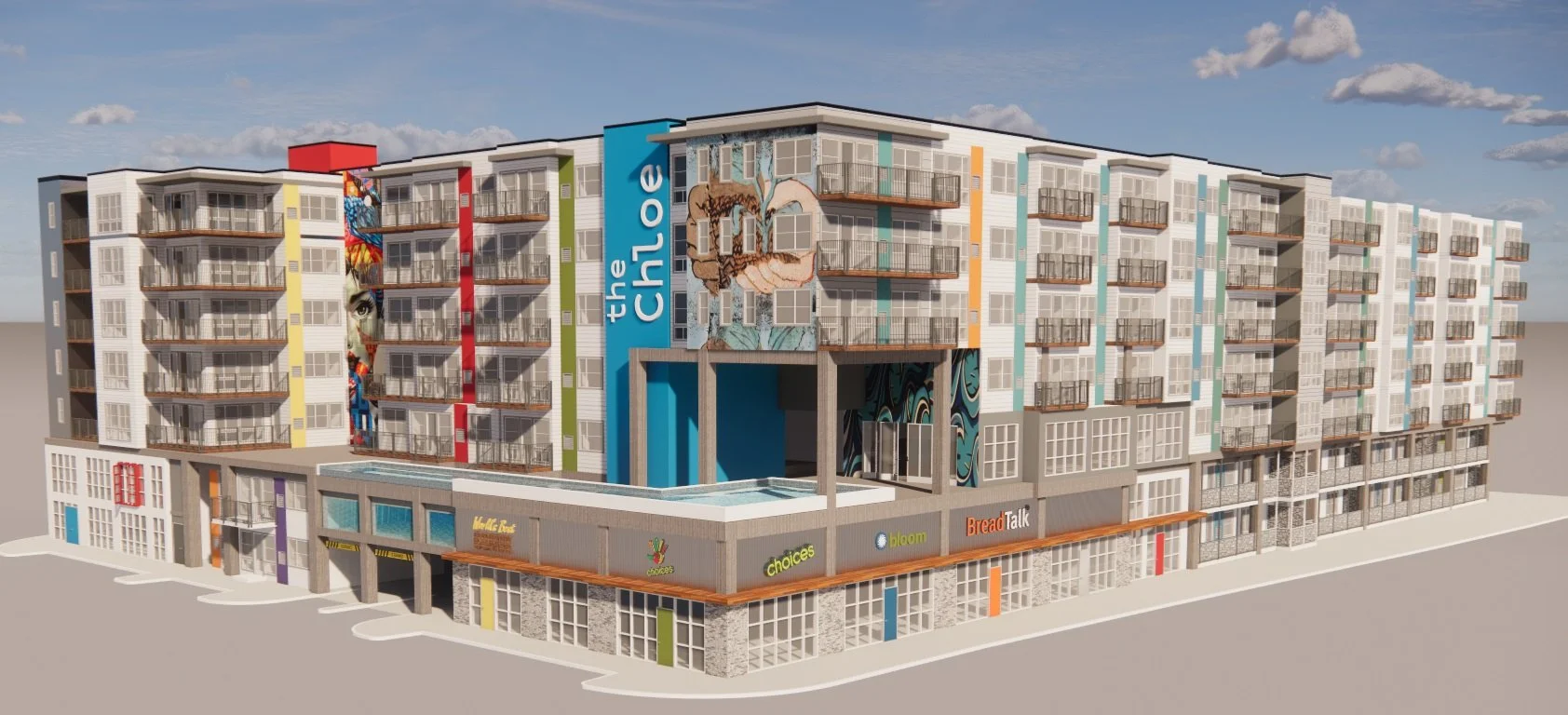 Architectural rendering of The Chloe at SoGood, a proposed mixed-use apartment building in south Downtown Dallas, Texas, featuring ground-floor retail, a modular-over-podium design, and colorful facade murals with resident amenities including a rooft