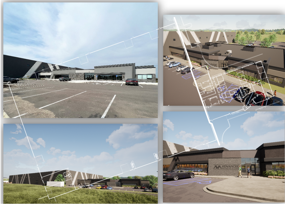 Collage of exterior renderings of the Ava Modular production plant with floor plan overlay.