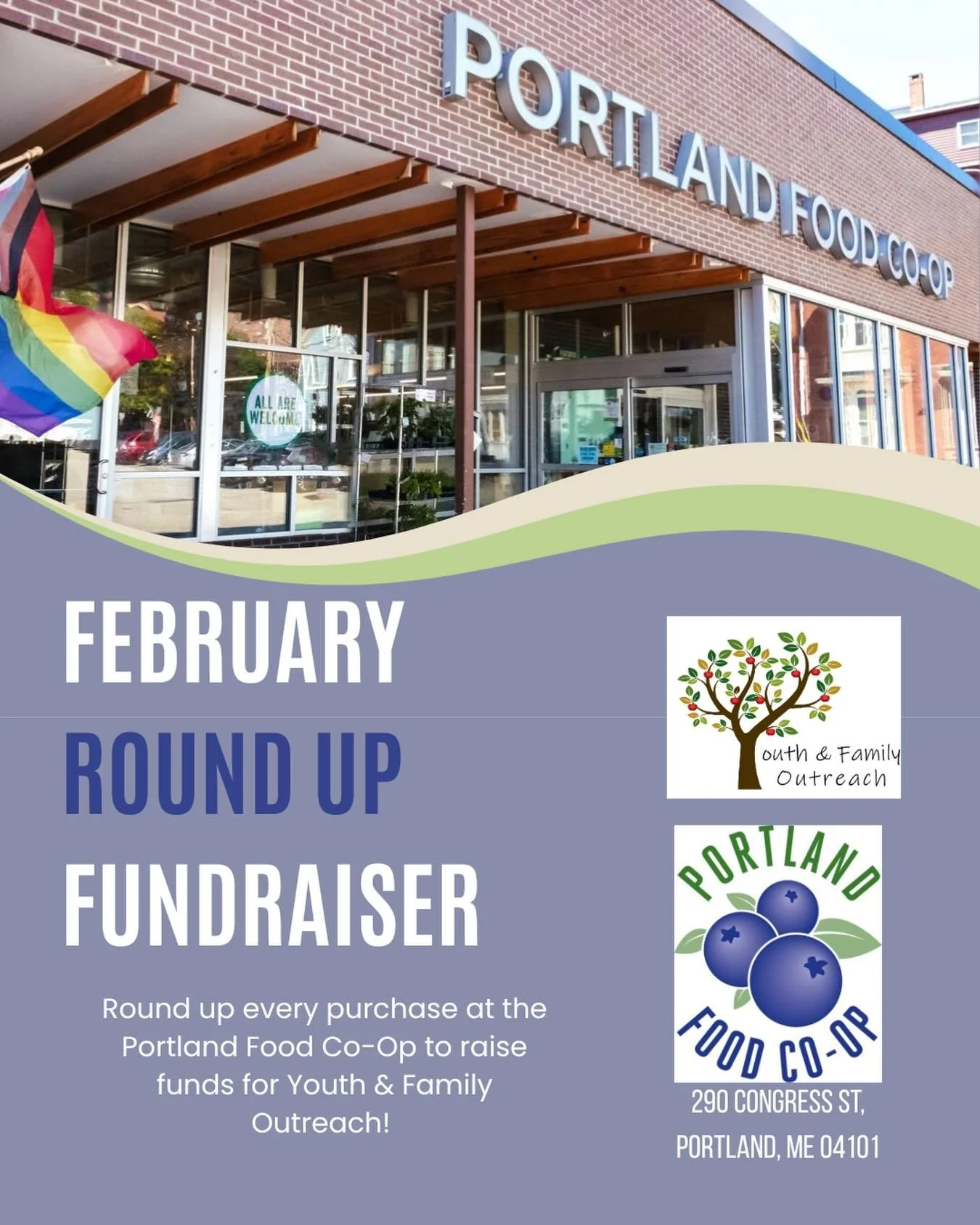 Support our community while you shop 🫐💚

All February long, you can help give back by rounding up your purchase at Portland Food Co-op! Every rounded-up dollar goes directly to supporting the incredible work of Youth &amp; Family Outreach, helping 