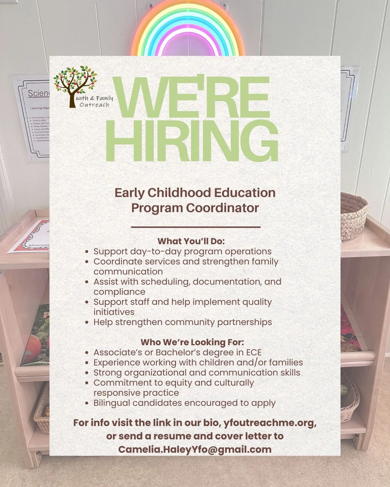 We&rsquo;re growing 🌱✨

Youth &amp; Family Outreach is hiring an Early Childhood Education Program Coordinator to help lead, support, and strengthen our work with children, families, and community partners.

If you&rsquo;re passionate about high-qua