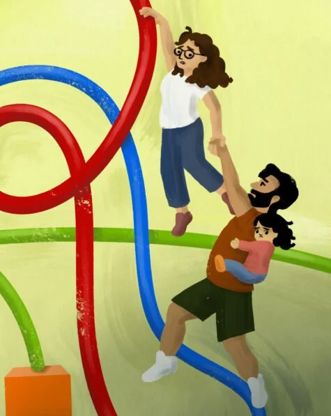 A brunette cartoon woman in jeans and a white shirt hangs on to a twisted red line with one hand while a bearded man hangs on to her other hand. The man has a small child clinging to his back. There is a blue and green line winding behind them.