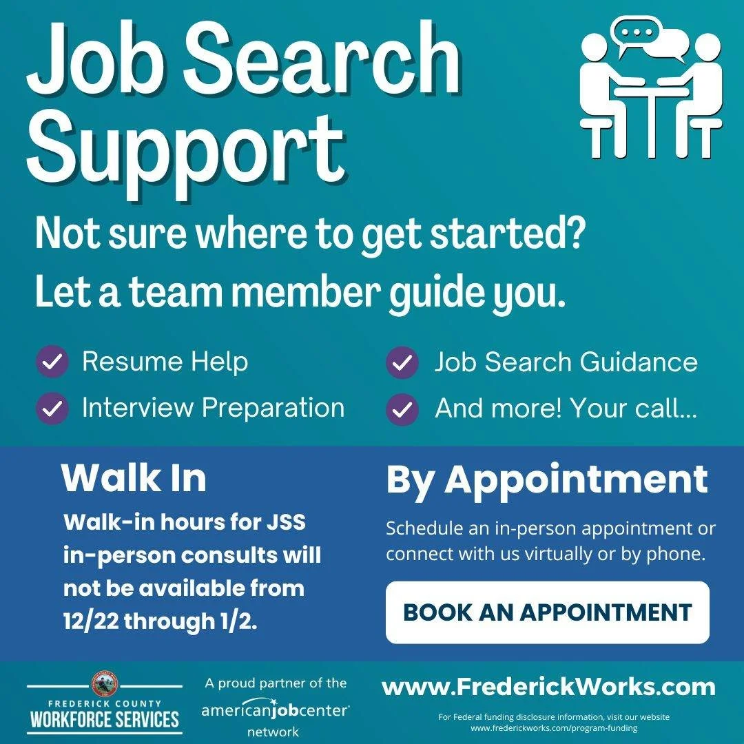 🗓️ Holiday Schedule

FCWS offices will be closed on December 24 &amp; 25, and January 1 in celebration of the holidays. Please note that walk-in services for Job Search Support will be unavailable from 12/22 through 1/2.

Please visit https://tinyur