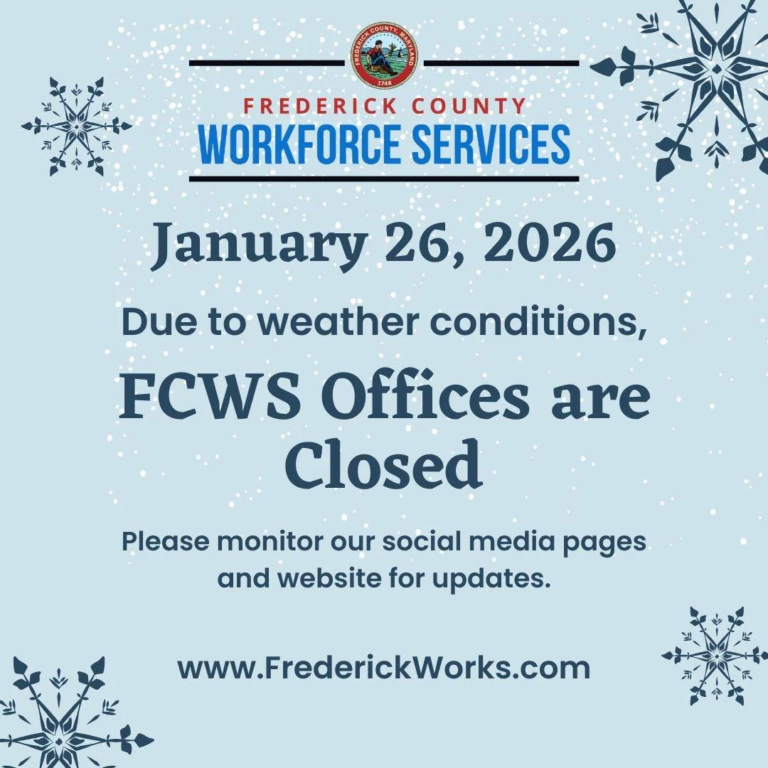 FCWS offices will be closed Monday, January 26 due to winter weather conditions. Please monitor our social media pages and website for updates.

To sign up for Frederick County alerts on weather, closures, and more, please visit www.FrederickCountyMD