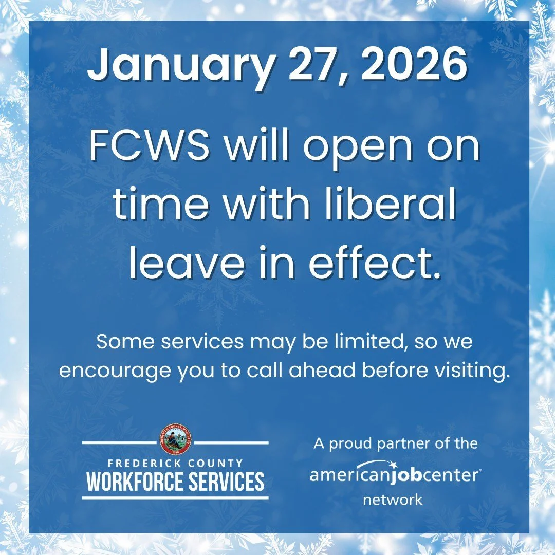 Opening Announcement

FCWS will open on time Tuesday, January 27, with liberal leave in effect. Some services may be limited, so we encourage you to call ahead before visiting. FCWS an AJC logos at the bottom.

To sign up for Frederick County alerts 